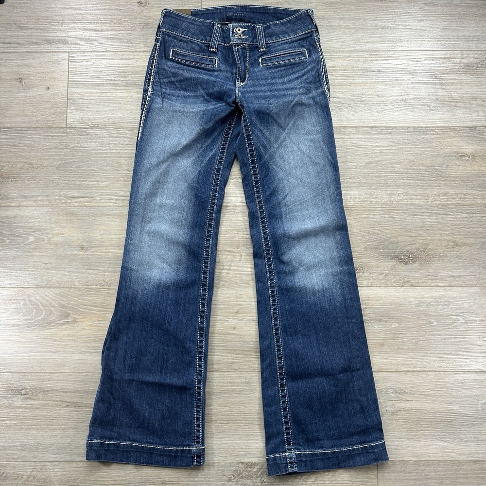 Ariat Trouser Jeans Womens 27 R Blue Denim Wide Leg Thick Stitch Embroidered